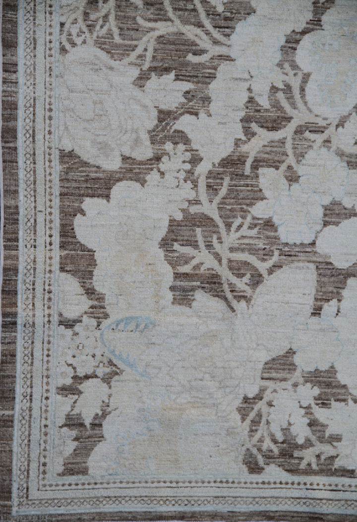 10'x8' Ariana Modern Floral Brown Cream Hand Knotted Wool Area Rug