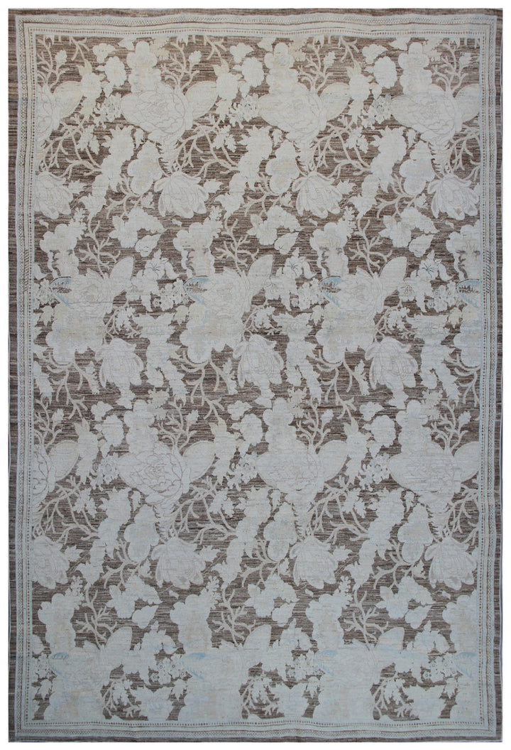 10'x8' Ariana Modern Floral Brown Cream Hand Knotted Wool Area Rug