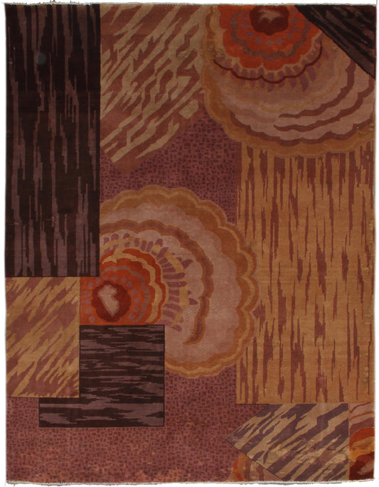 5'x7' Brown and Orange Abstract Wood Pattern Vintage Chinese Art Deco Rug