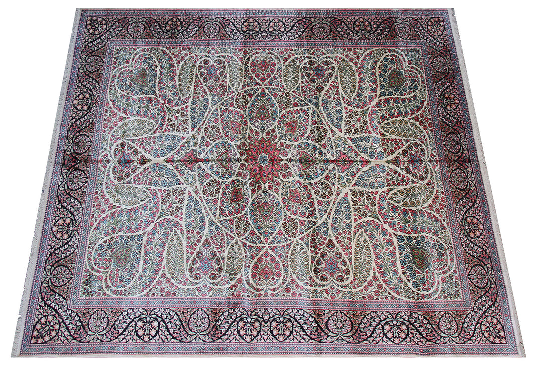 9x12 Unique Kashmir Art Silk Rug | Ivory & Rust Floral Design