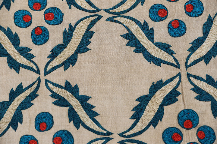 Unique 17x17 Uzbek hand-embroidered silk-on-cotton teal Suzani cushion cover from a trusted dealer with over 45 years of experience.