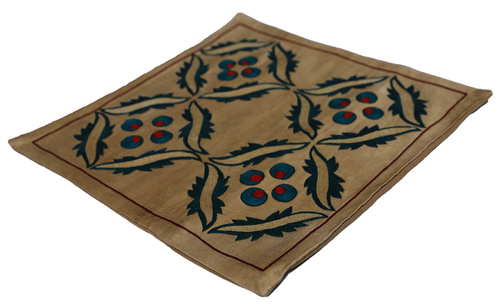 Unique 17x17 Uzbek hand-embroidered silk-on-cotton teal Suzani cushion cover from a trusted dealer with over 45 years of experience.