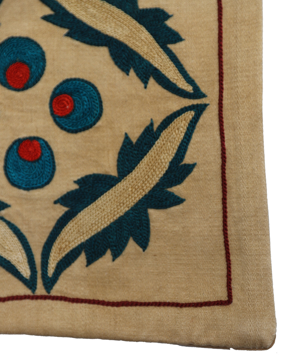 Unique 17x17 Uzbek hand-embroidered silk-on-cotton teal Suzani cushion cover from a trusted dealer with over 45 years of experience.
