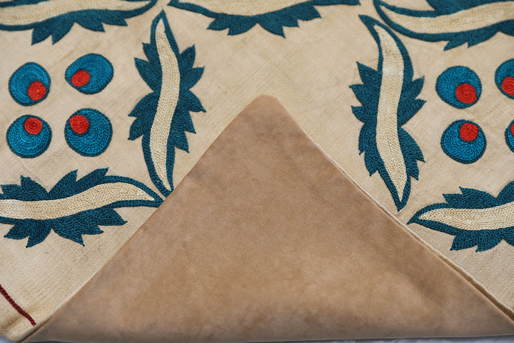 Unique 17x17 Uzbek hand-embroidered silk-on-cotton teal Suzani cushion cover from a trusted dealer with over 45 years of experience.
