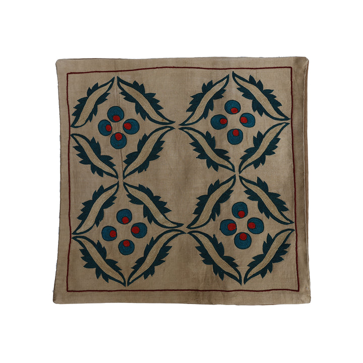 Unique 17x17 Uzbek hand-embroidered silk-on-cotton teal Suzani cushion cover from a trusted dealer with over 45 years of experience.
