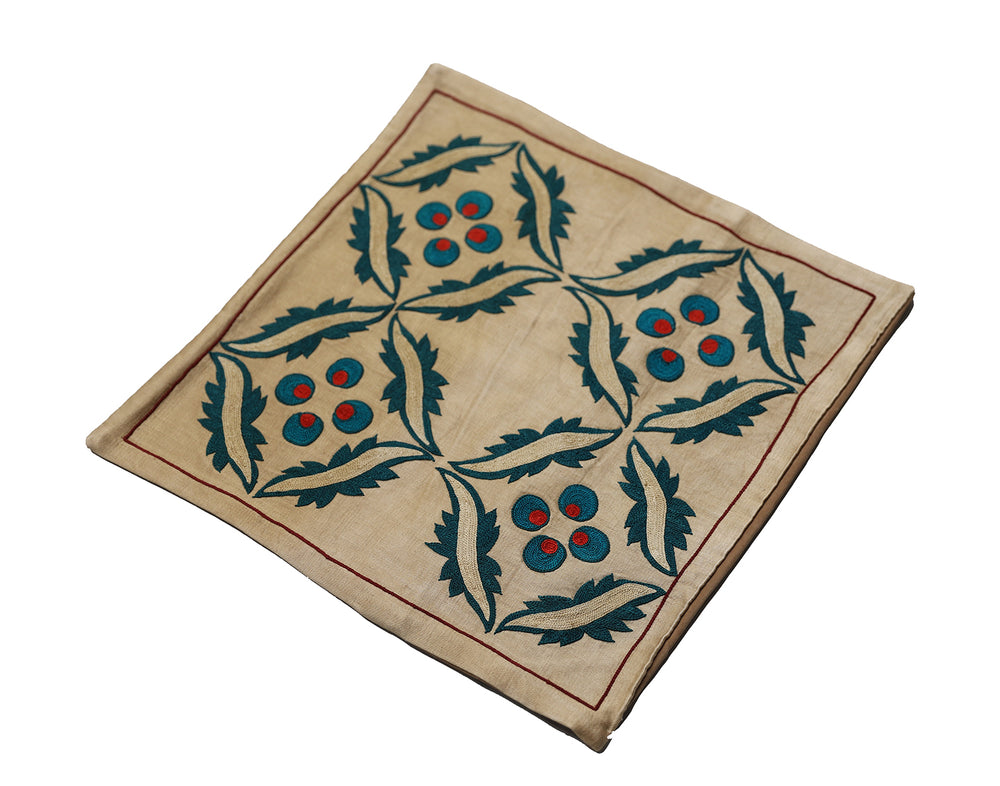 Unique 17x17 Uzbek hand-embroidered silk-on-cotton teal Suzani cushion cover from a trusted dealer with over 45 years of experience.