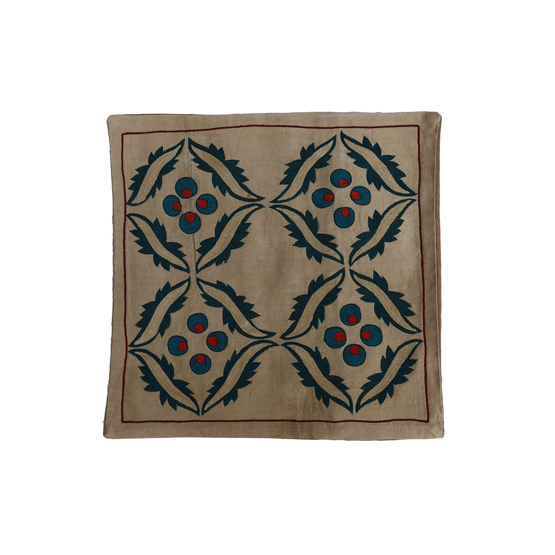 Unique 17x17 Uzbek hand-embroidered silk-on-cotton teal Suzani cushion cover from a trusted dealer with over 45 years of experience.