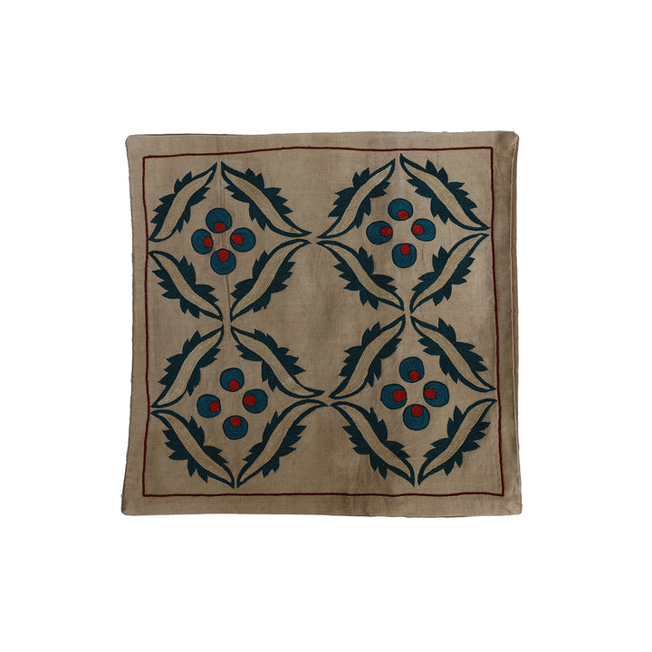 Unique 17x17 Uzbek hand-embroidered silk-on-cotton teal Suzani cushion cover from a trusted dealer with over 45 years of experience.