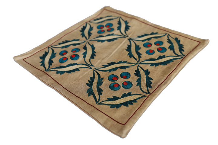 Unique 17x17 Uzbek hand-embroidered silk-on-cotton teal Suzani cushion cover from a trusted dealer with over 45 years of experience.