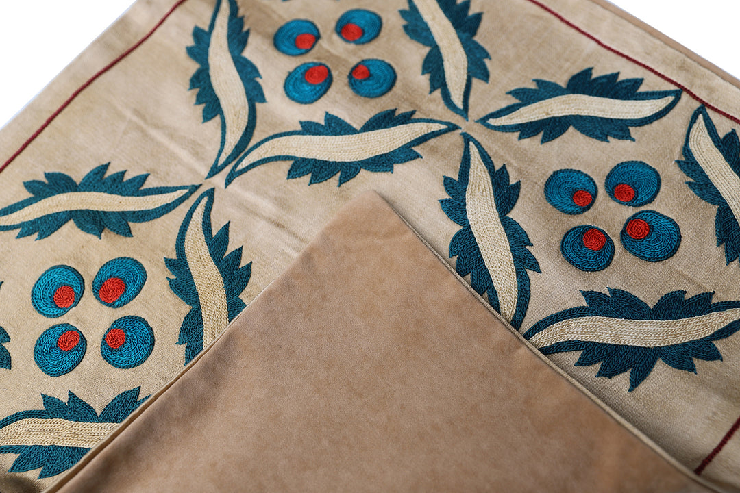 Unique 17x17 Uzbek hand-embroidered silk-on-cotton teal Suzani cushion cover from a trusted dealer with over 45 years of experience.