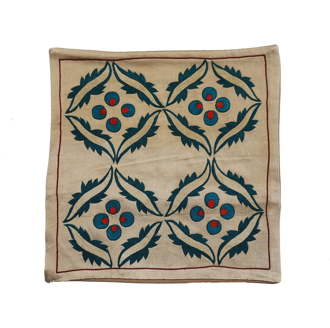 Unique 17x17 Uzbek hand-embroidered silk-on-cotton teal Suzani cushion cover from a trusted dealer with over 45 years of experience.
