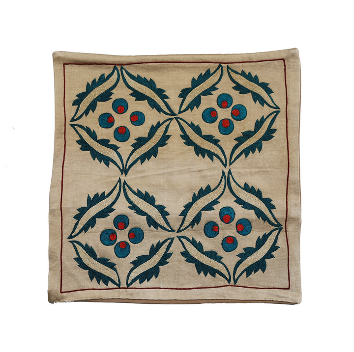 Unique 17x17 Uzbek hand-embroidered silk-on-cotton teal Suzani cushion cover from a trusted dealer with over 45 years of experience.