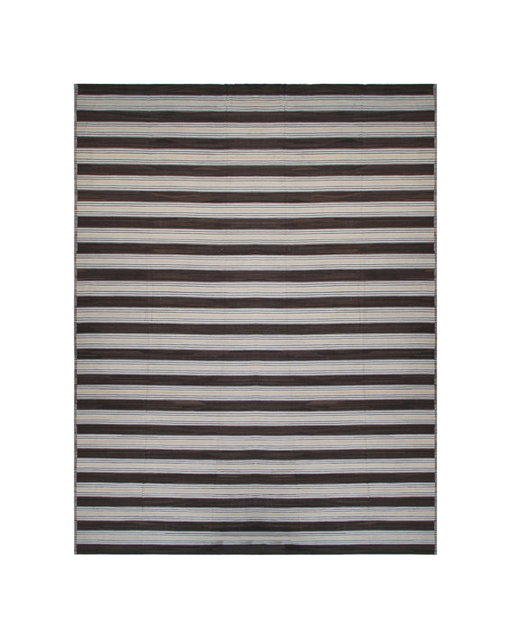 Ariana Rugs 17'x29' oversized handwoven brown and cream striped wool kilim area rug featuring a clean flatweave construction on a cotton foundation.