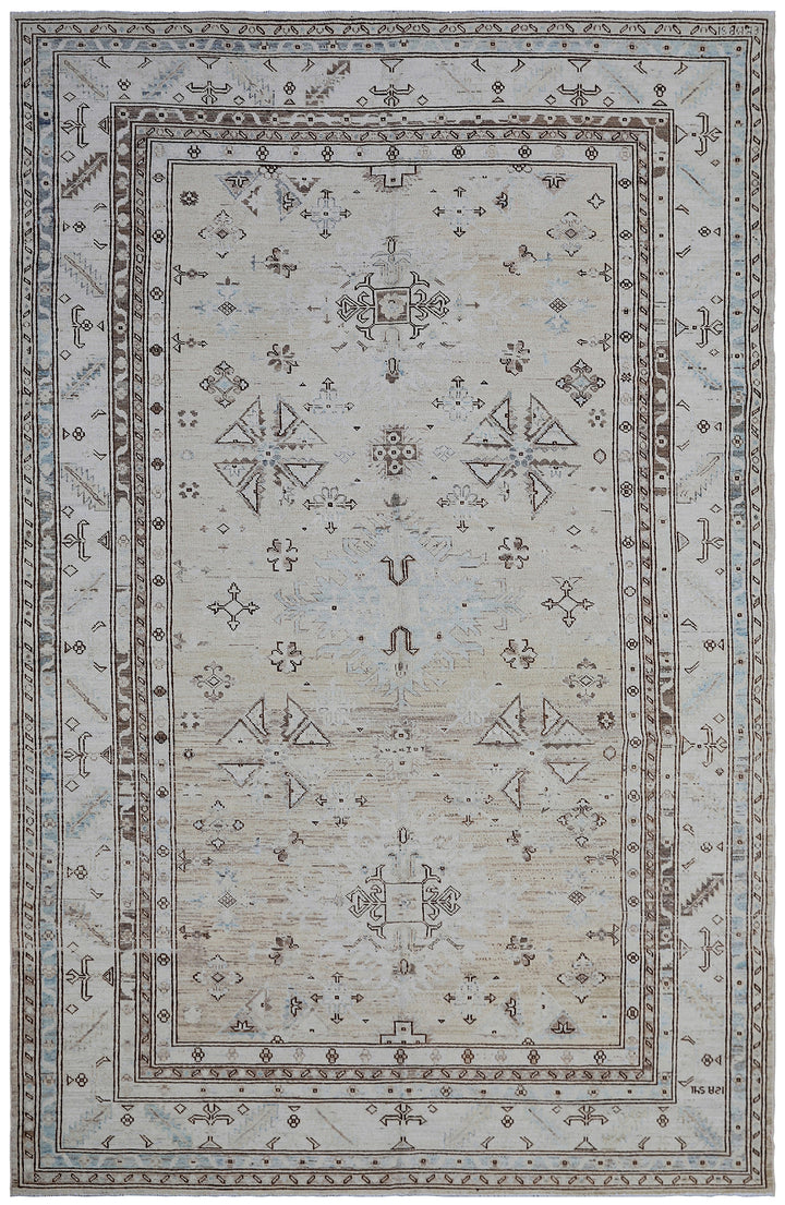 6'x9' Sand and Ivory Caucasian Geometric Design Ariana Hazara Rug