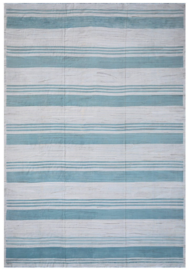 Large Blue and White Ariana Striped Kilim Rug - Hand-woven Flatweave