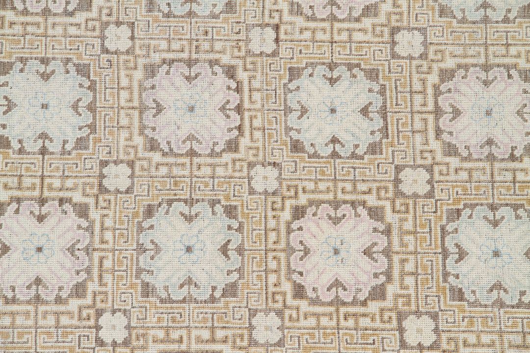 8'x11' Ariana Khotan Design Ivory Brown Geometric Hand Knotted Wool Rug