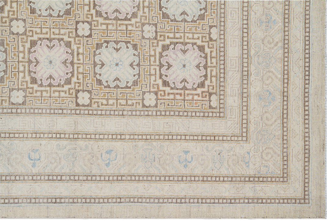 8'x11' Ariana Khotan Design Ivory Brown Geometric Hand Knotted Wool Rug