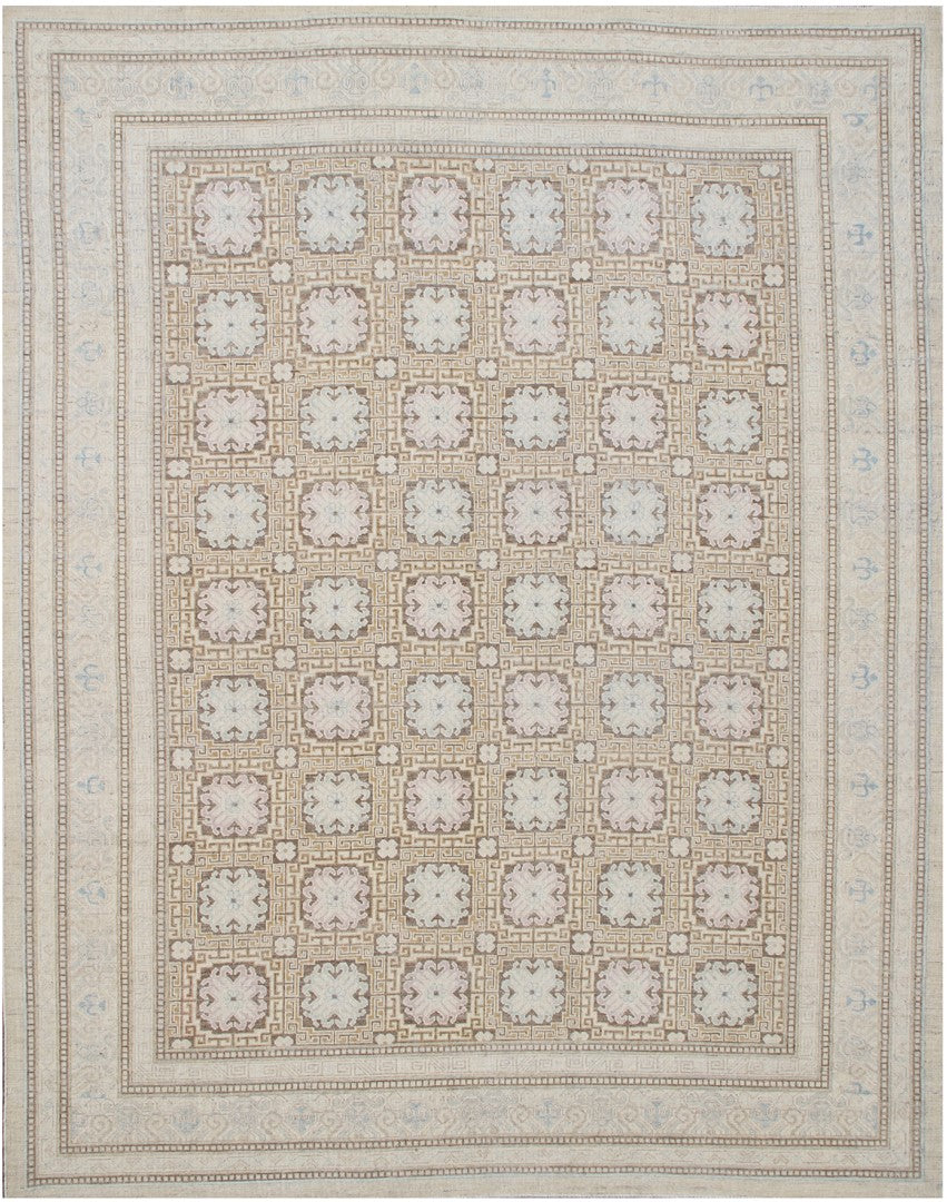 8'x11' Ariana Khotan Design Ivory Brown Geometric Hand Knotted Wool Rug