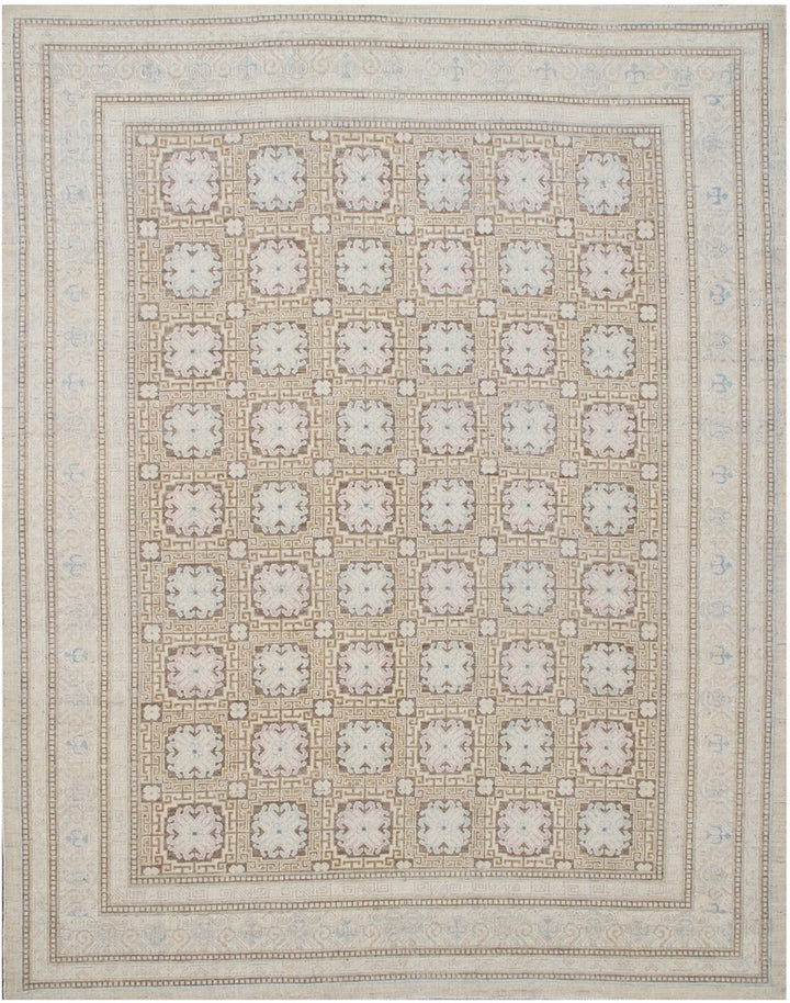 8'x11' Ariana Khotan Design Ivory Brown Geometric Hand Knotted Wool Rug