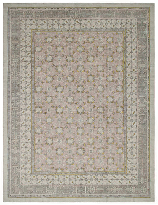 13'x9.10 Ariana Samarkand Pink Blue Ivory Geometric Design Rug