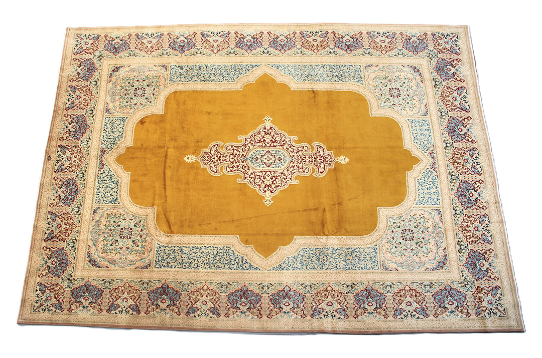 10'x13' Large Antique Laver Kerman Persian Rug | Golden Field, Handwoven Luxury
