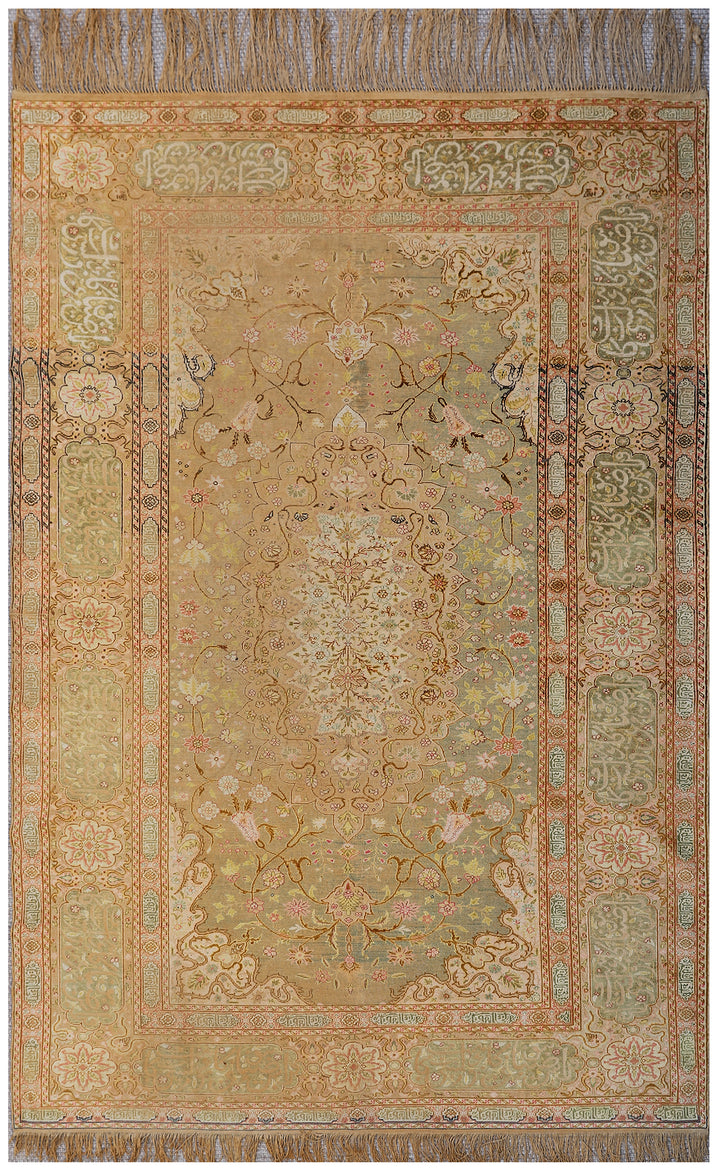 6'x9' Antique Kayseri Green Beige Silk Rug with Medallion Field