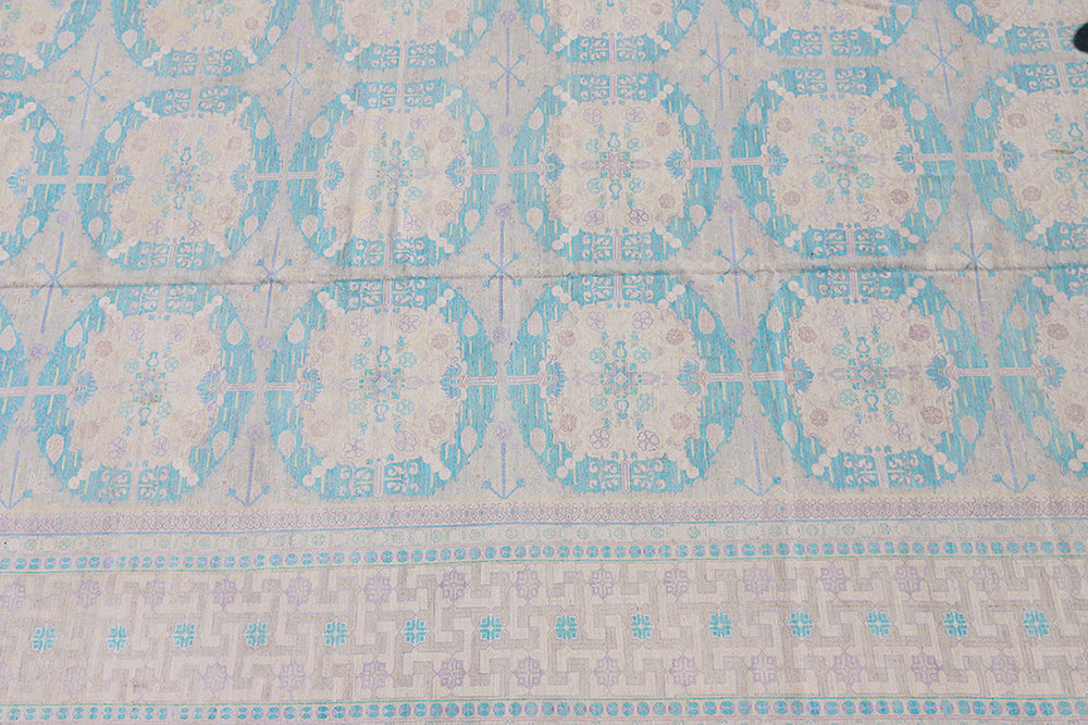 Patterned fabric with blue and beige design