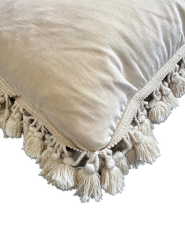 Handcrafted 18x18 cream and tan wool needlepoint cushion with botanical bird motifs and white tassel fringe by Ariana Rugs