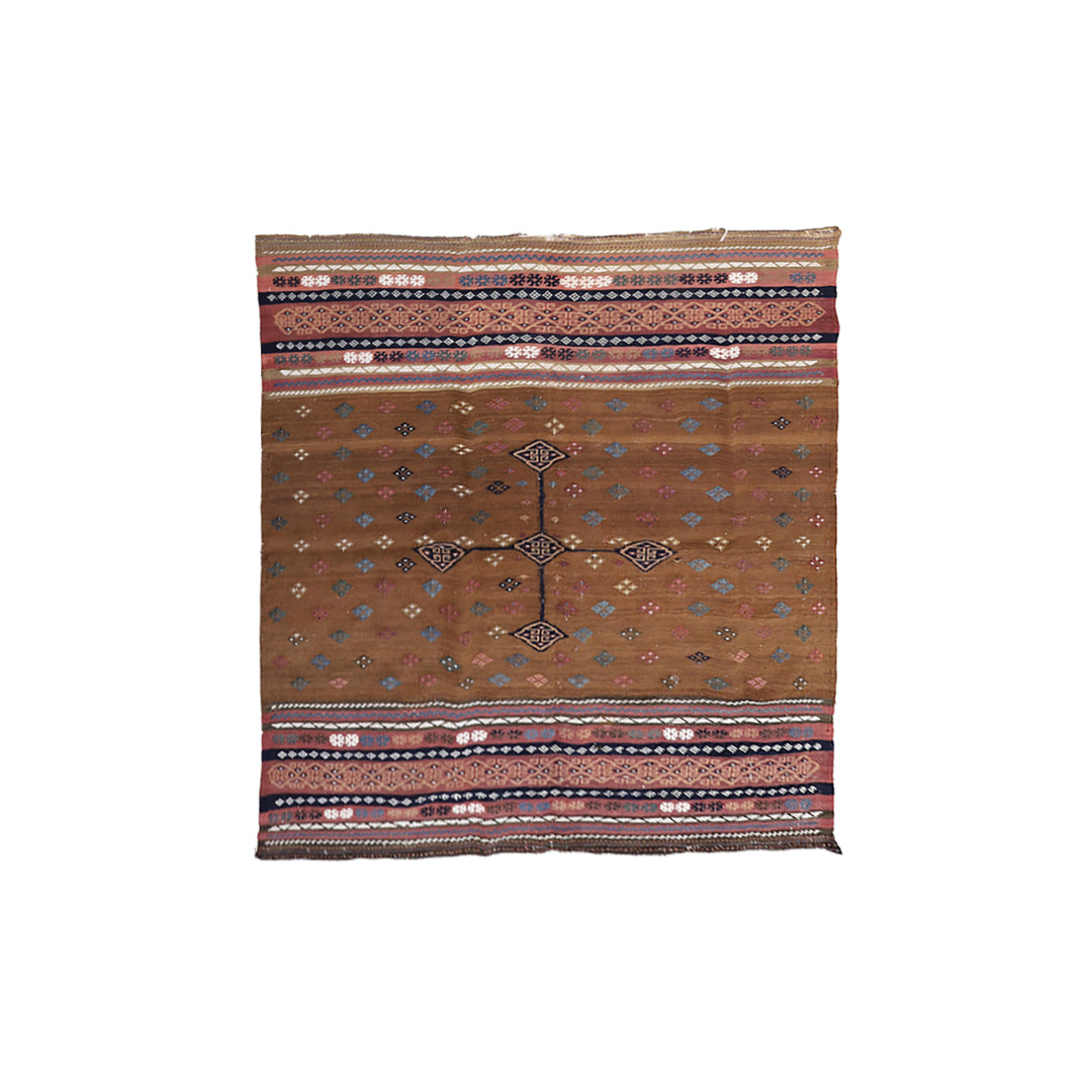 Rare 19th-century semi-antique square 4'x4' Persian Afshar Sofreh flatweave rug crafted from natural camel wool with geometric tribal borders.