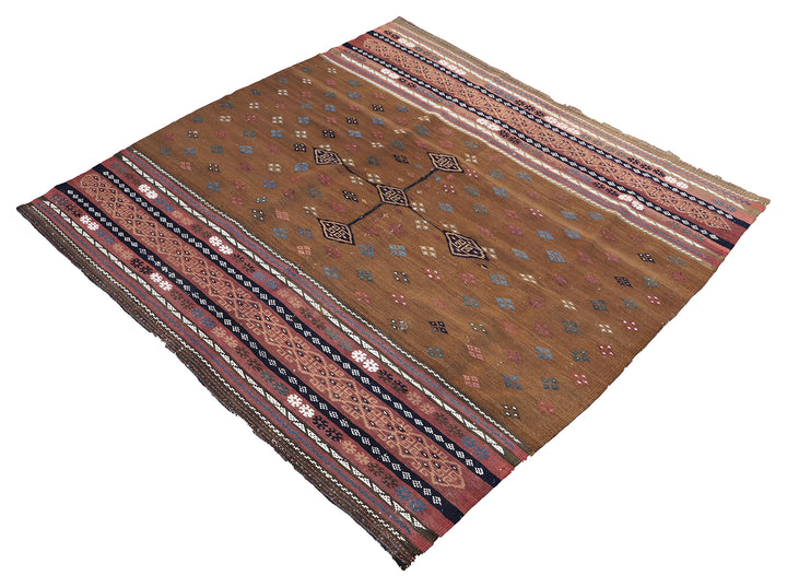 Rare 19th-century semi-antique square 4'x4' Persian Afshar Sofreh flatweave rug crafted from natural camel wool with geometric tribal borders.