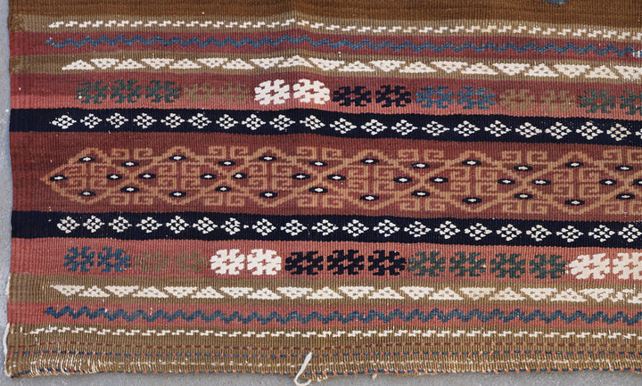 Rare 19th-century semi-antique square 4'x4' Persian Afshar Sofreh flatweave rug crafted from natural camel wool with geometric tribal borders.