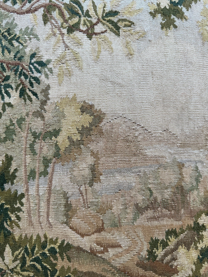 20" x 20" Green Floral & Nature Aubusson Pillowcase | Silk & Wool with Golden Brown Tassels