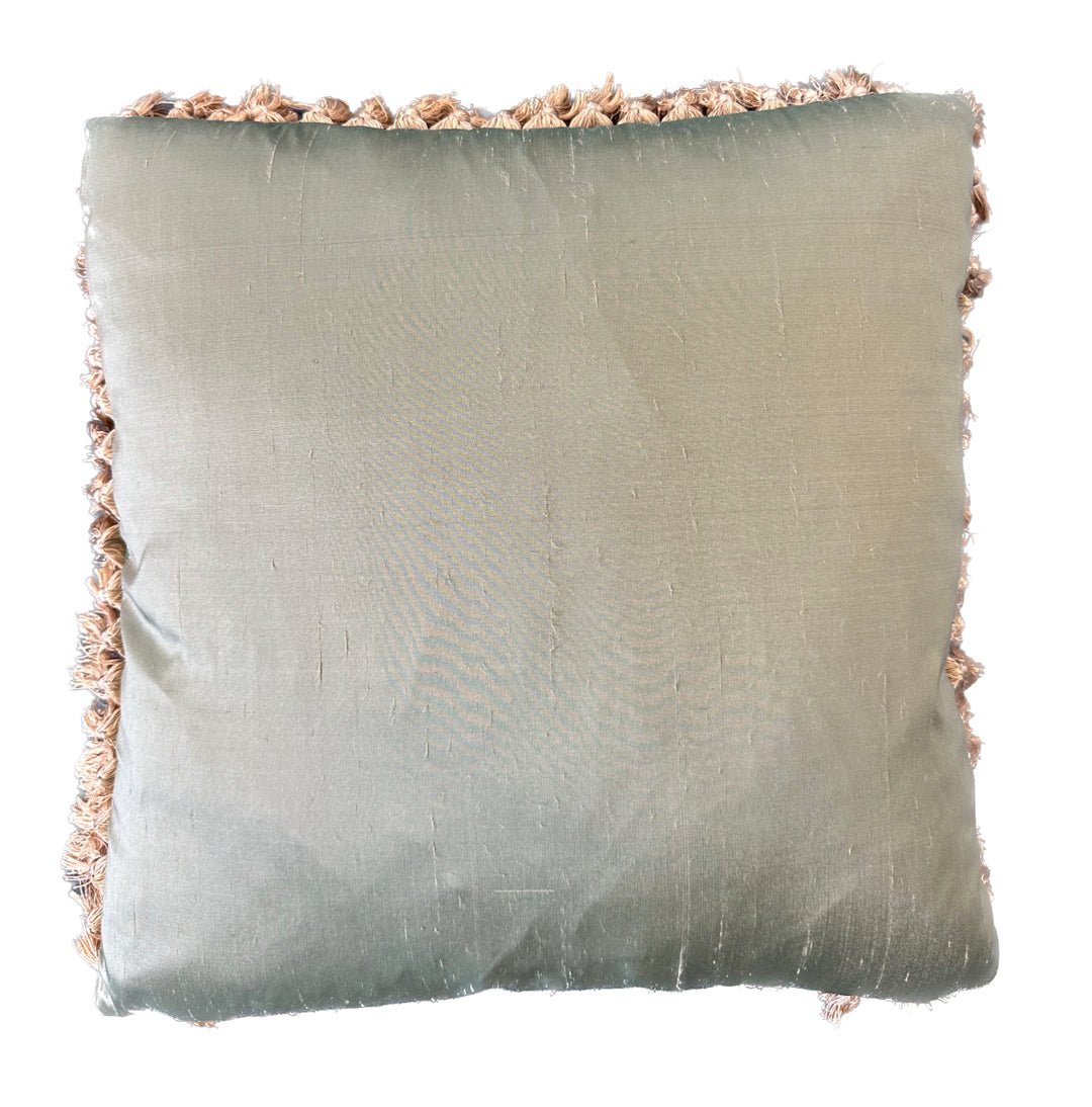 20" x 20" Green Floral & Nature Aubusson Pillowcase | Silk & Wool with Golden Brown Tassels