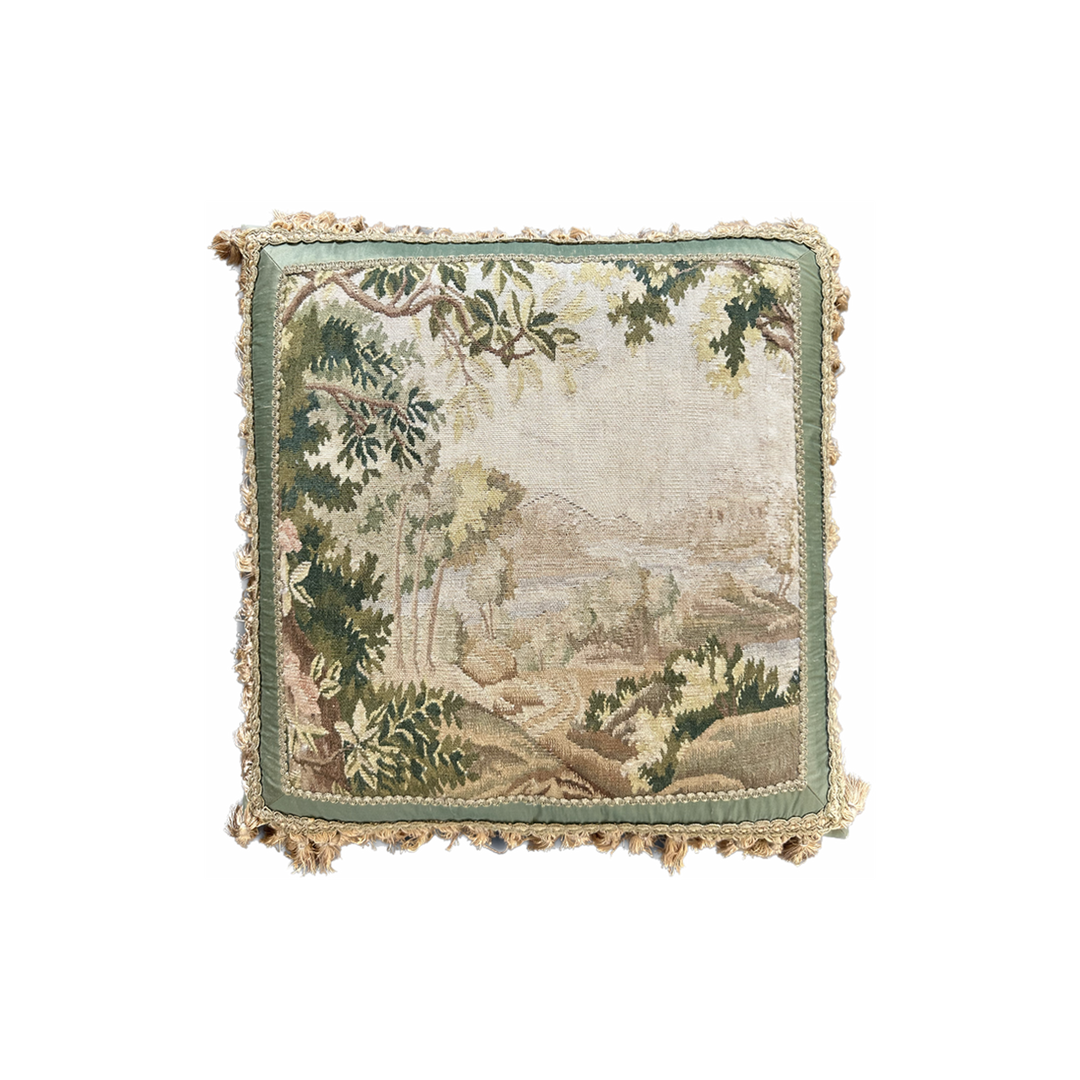20" x 20" Green Floral & Nature Aubusson Pillowcase | Silk & Wool with Golden Brown Tassels