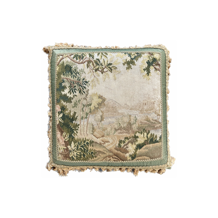 20" x 20" Green Floral & Nature Aubusson Pillowcase | Silk & Wool with Golden Brown Tassels