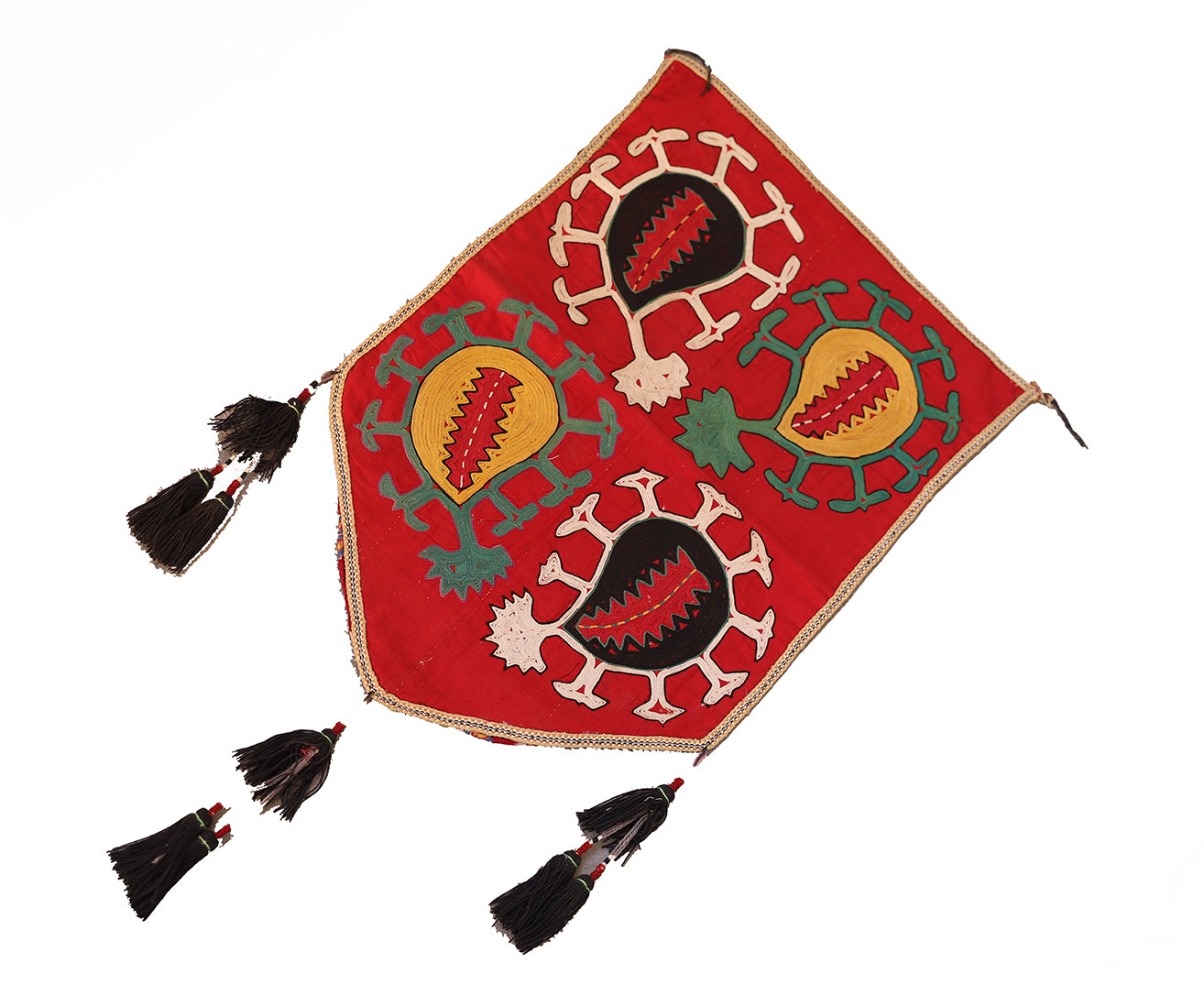 Antique Uzbek Geometric Suzani Embroidery Featuring a Paisley Motif in Pomegranate Red Wool