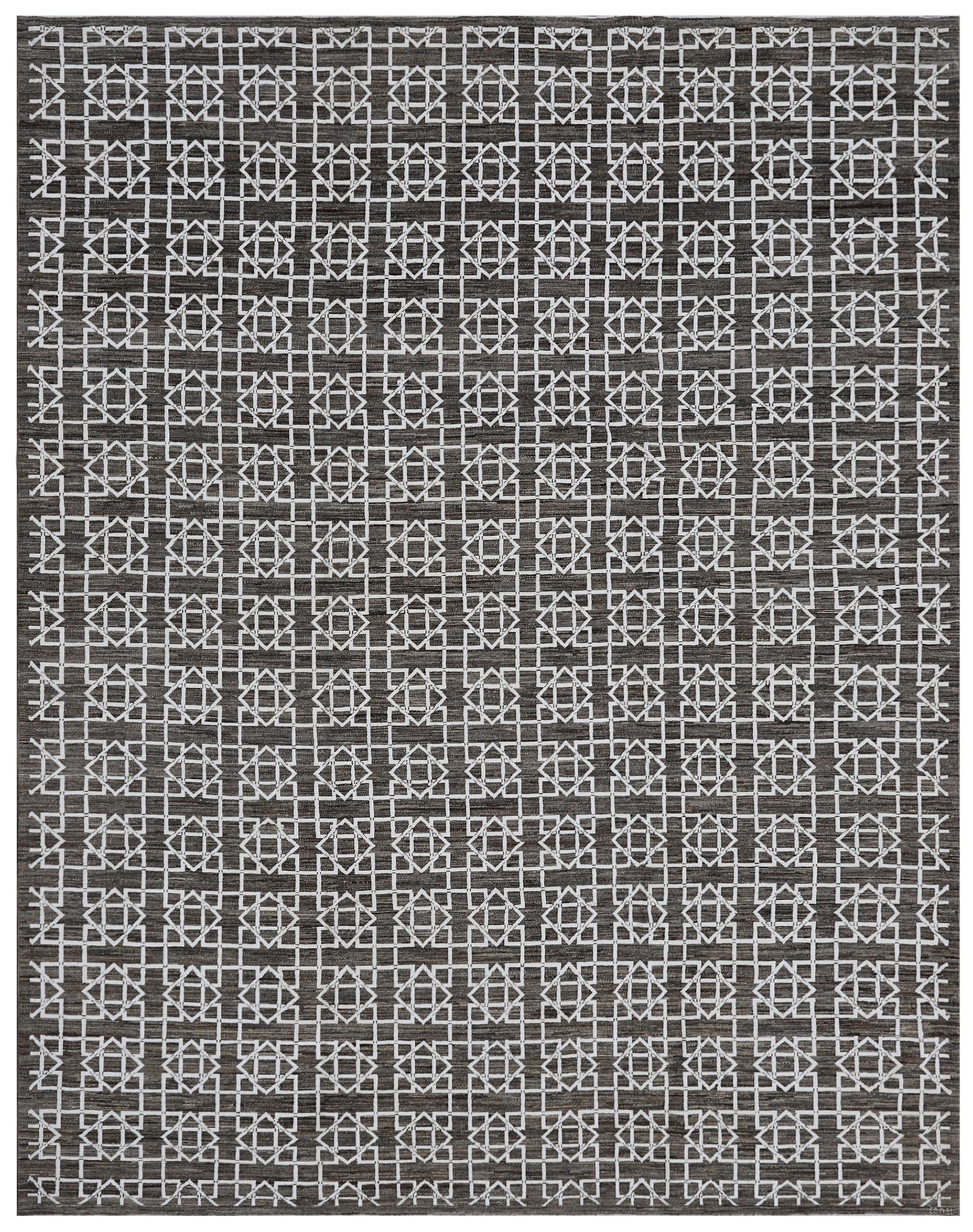 8'x10' Geometric Grey Undyed Wool and Stark White Cotton Pattern Ariana Modern Rug
