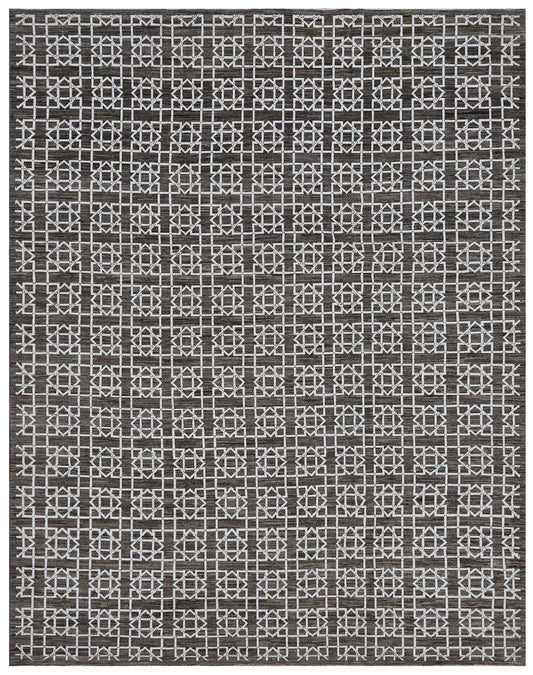 8'x10' Geometric Grey Undyed Wool and Stark White Cotton Pattern Ariana Rug
