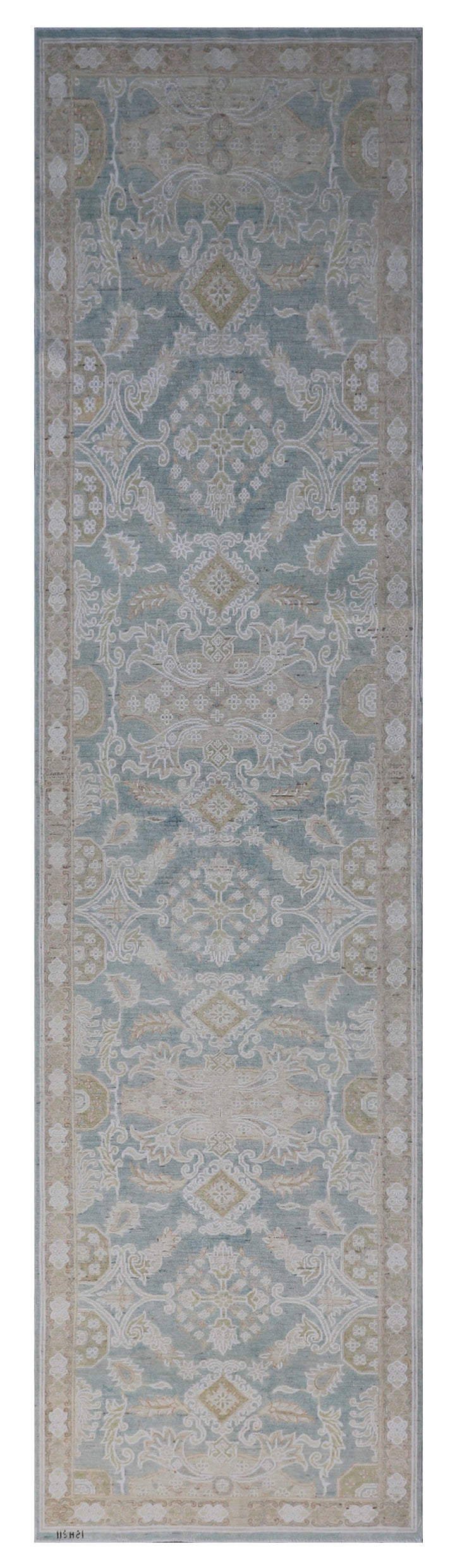 12'x3' Ariana Geometric Caucasian Design Blue Beige White Runner Rug