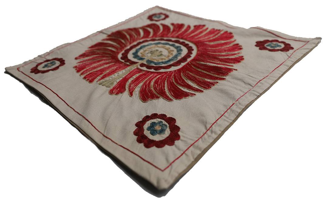 2'x2' Bohemian Terracotta Beige Eclectic Pillowcase with Embroidered Suzani