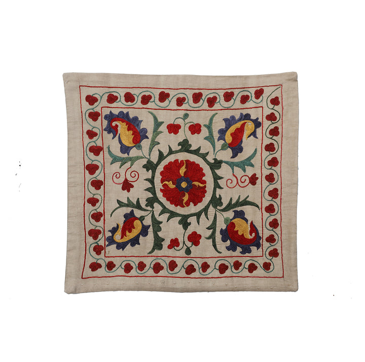 19"x19" Silk Embroidery Cushion Cover, Handmade Suzani Pillowcase