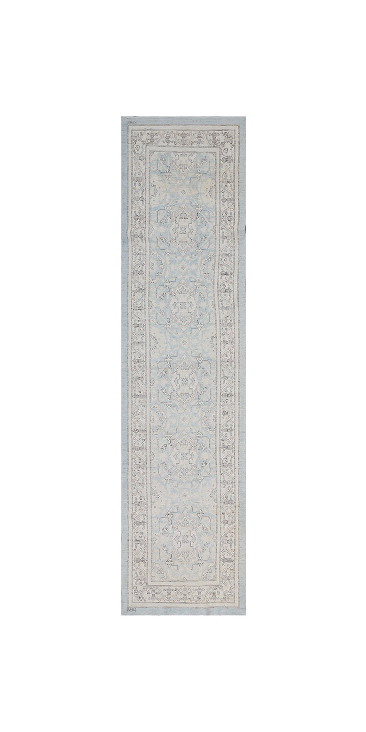 3'x10' Ariana Traditional Agra Geometric Soft Blue Ivory Runner Wool Rug