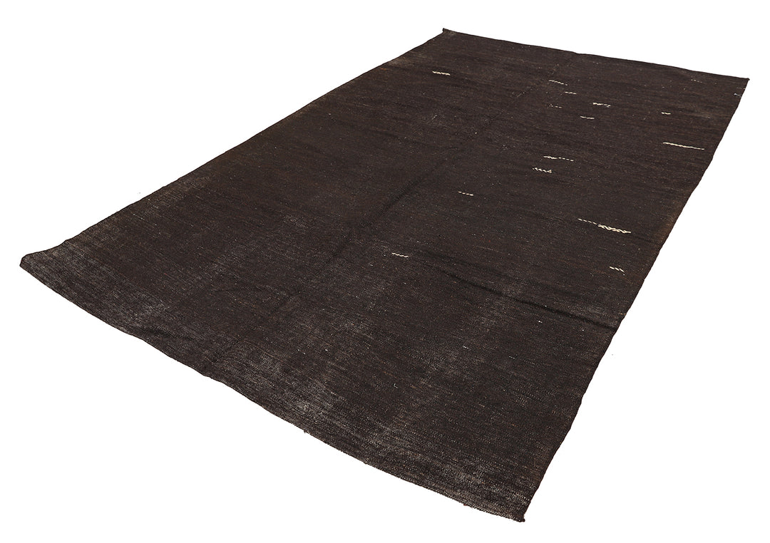 7'x11' Vintage Turkish Black Goat Hair Rug – Handwoven Minimalist Masterpiece