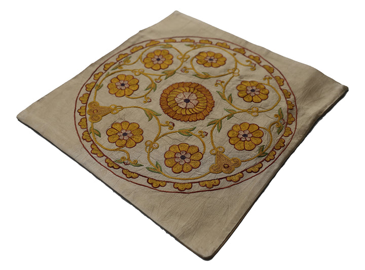 17"x17" Gold Circular Design Hand Embroidered Uzbek Suzani Pillowcase