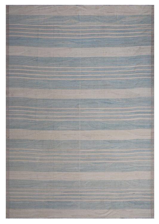 10'x14' Soft Blue and Ivory Striped Design Ariana Kilim Rug