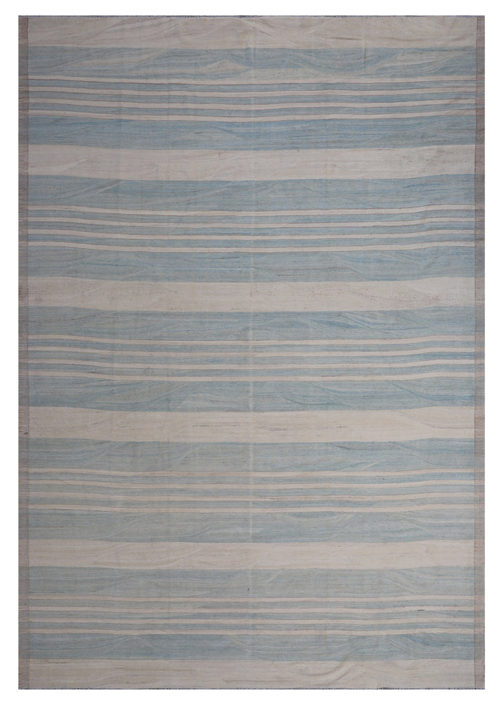 10'x14' Soft Blue and Ivory Striped Design Ariana Large Hand Knotted Wool Kilim Rug