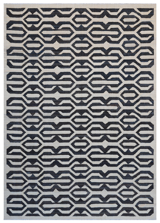 9' x 12' Ariana White Navy-Blue Geometric Handmade Kilim