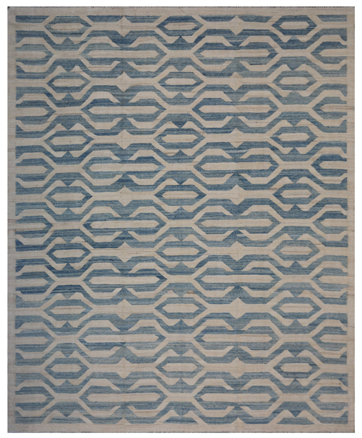 10'x8' Ariana Blue Ivory Geometric Kilim Rug