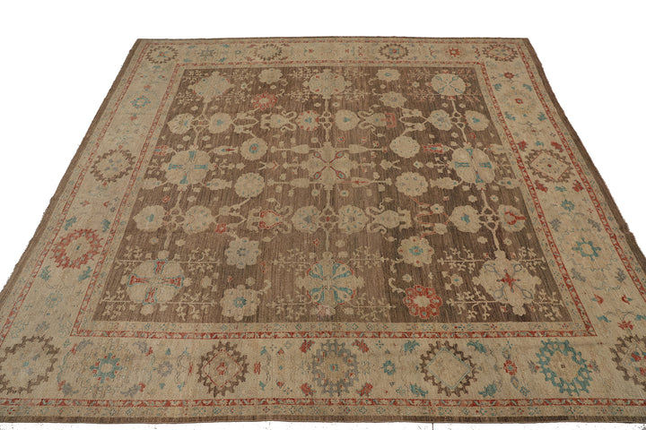 11'x12' Hand-Knotted Turkish Oushak Rug | Organic Wool, Floral Design