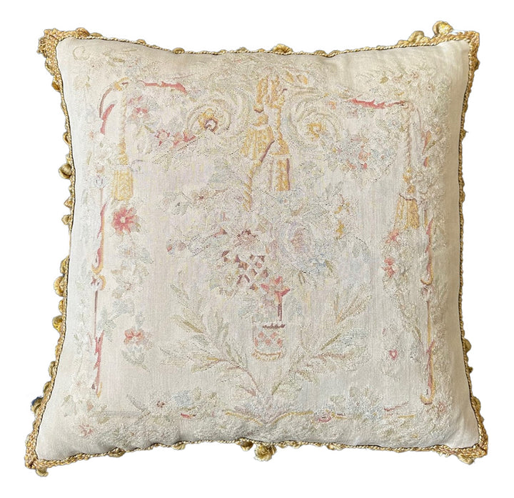 Handmade 2x2 Cream & Pink Floral Aubusson Pillow Cover with Gold Tassels